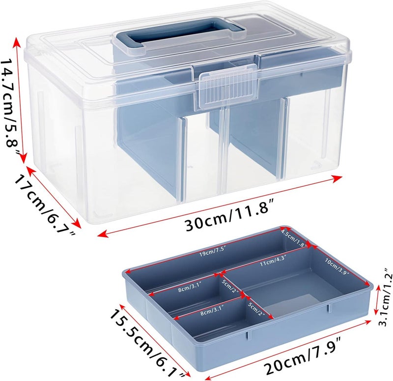 BTSKY 2 Layer Clear Plastic Dividing Storage Box with Removable Tray Multipurpose Stationery Storage Box with Handle Portable Sewing Box Art Craft Supply Organizer Home Utility Box (Big Blue) - Image 4